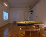 Installation view, Stonehenge II (model), mixed media, 2002-3; First Woman on the Moon, video, 1999, 'Publicness', ICA, 2003.jpg